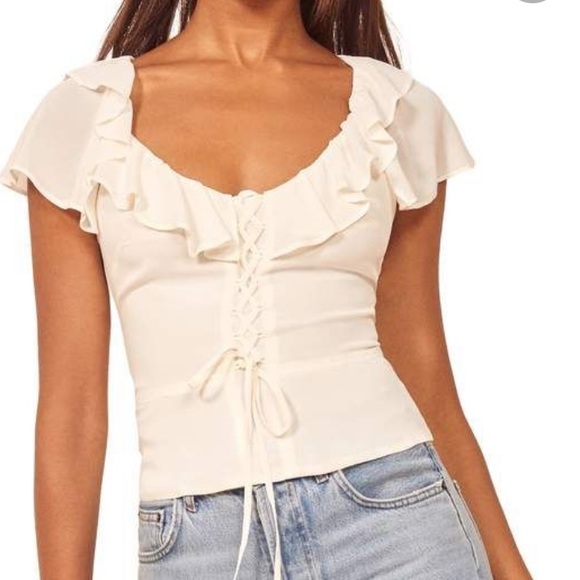 Reformation fleur ruffle lace up top white 8 - Picture 2 of 11